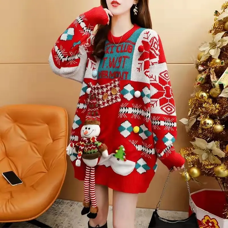 Christmas red women sweater 2022 autumn and winter new Lolita loose western style agereducing round neck large sizewomenclothing