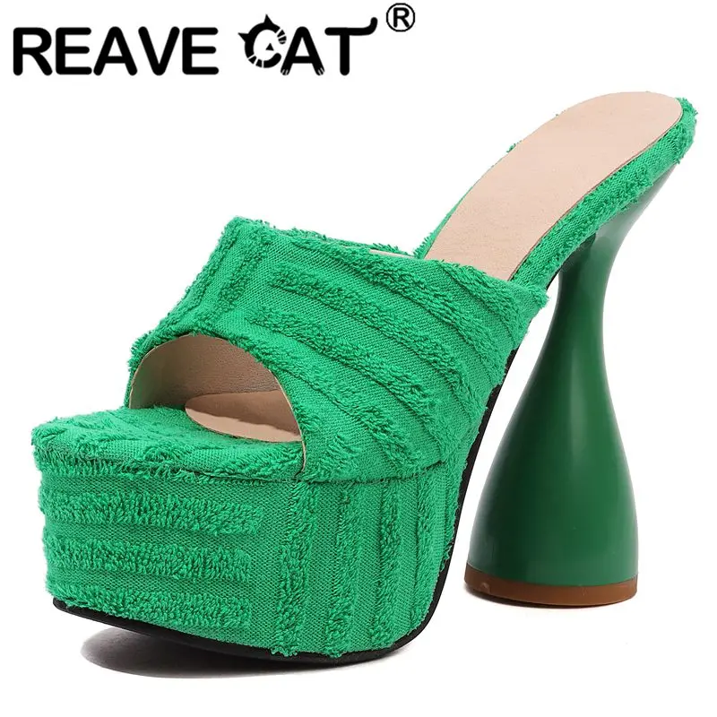 

Женские босоножки с открытым носком REAVE CAT, туфли из флока на необычном каблуке, однотонные зеленые или оранжевые праздничные шлепанцы больш...