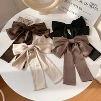 women large bow metal clips french barrette long tail soft satin plain color bowknot hairpin girls holding hair accessories