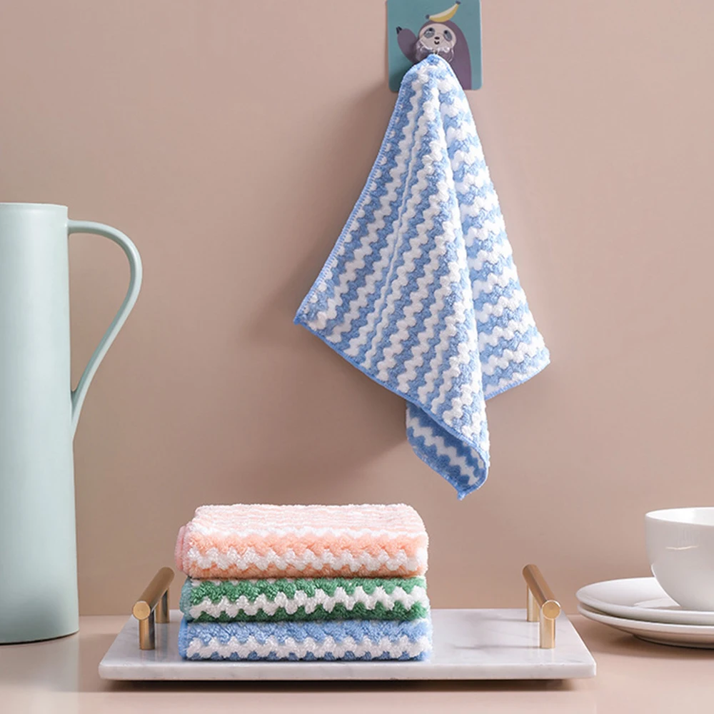 

Coral Fleece Wave Attern Towel Absorbent Tableware Cloth Kitchen Dishcloth Home Cleaning Towel Kitchen Cleaning Supplies