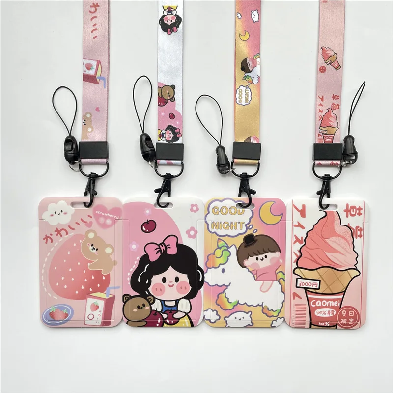 

1 set Cute Cartoon Lanyard Card Holder Student Campus Meal Card Set Keychain Badge Bus Subway Card Protective Cover