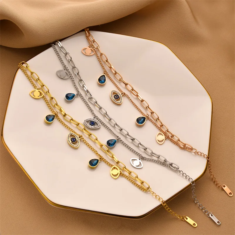 

Trendy Ladies Blue Evil Eyes Bracelets For Women Stainless Steel Turkish Gold Color Charm Zircon Bracelet Boho Jewelry Gifts