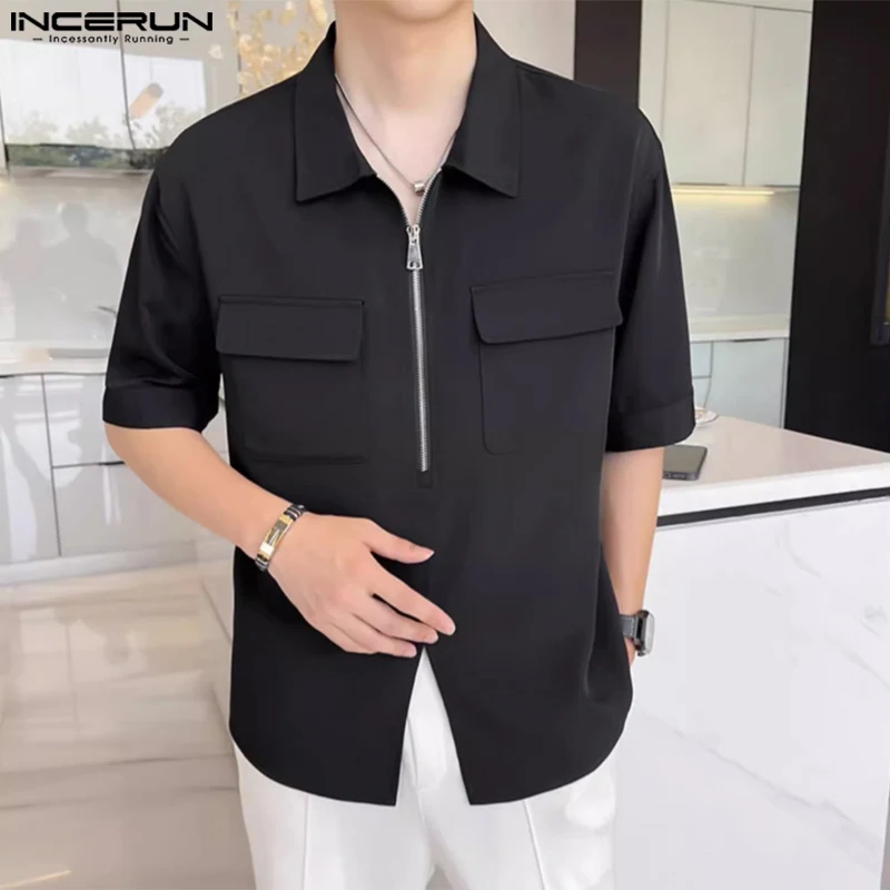 

INCERUN Tops 2023 Korean Style New Men Half Zip Lapel Pocket Shirt Fashion Streetwear Male Solid Short Sleeve Lapel Blouse S-5XL