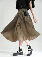 2022 summer new harajuku style tooling casual multi pocket a line skirt female loose and thin elastic waist skirt midi skirt
