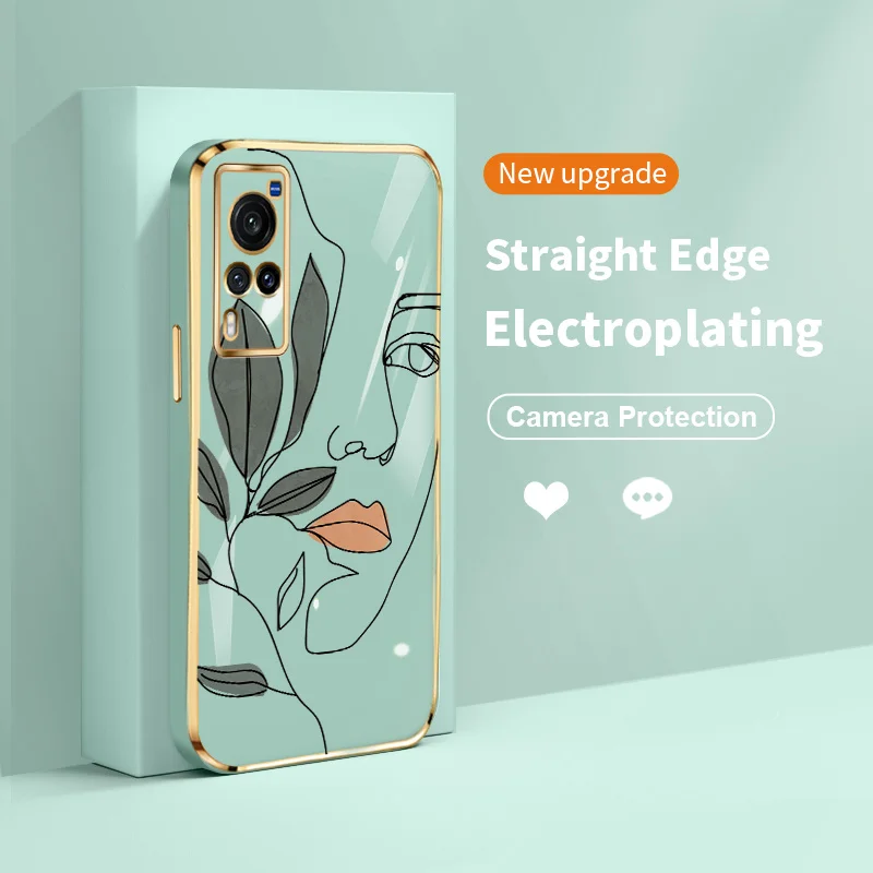 

Women and Flowers Square Electroplating Silicone Phone Case for vivo X60 X60S X70 X70T X80 X60 Pro Plus Ultra