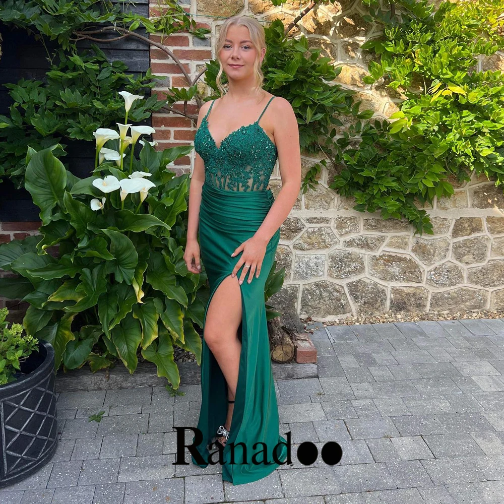 

Ranadoo Formal Party Dresses For Women Spaghetti Strap Appliques Trumpet High Side Slit Illusion Sleeveless Zipper Floor Length