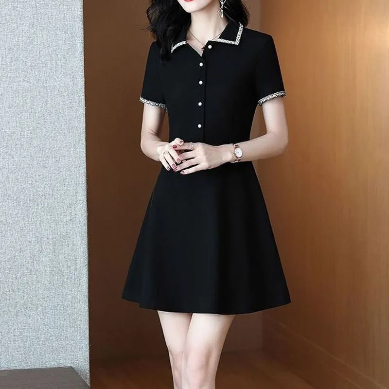 

Elegant Fashion Waist Solid Color Single Breasted Polo-Neck A-line Dresses 2022 New Chic Women's Clothing Office Lady Clothes