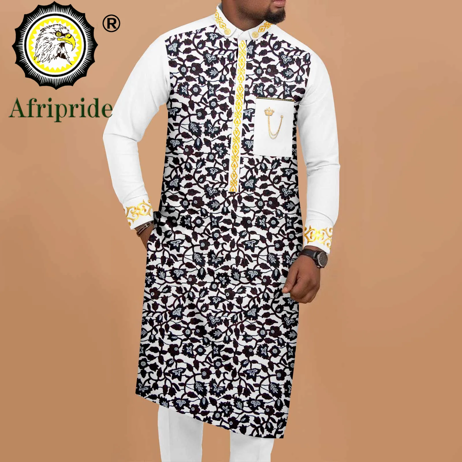 African Clothing for Men Embroidery Print Shirts and Pants 2 Piece Set Long Robes Traditional Outfits Blouse Pockets A2216029