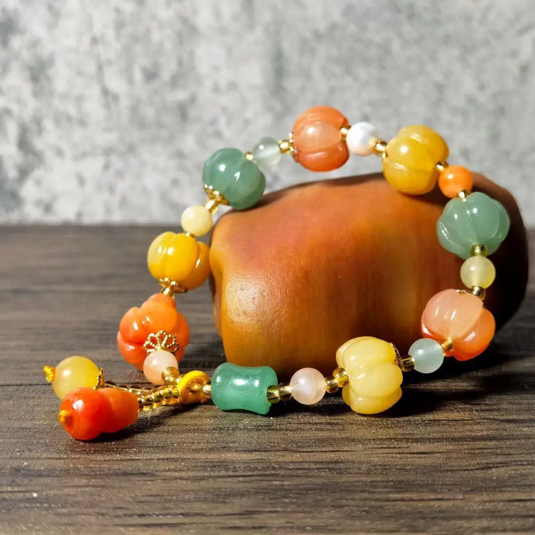 

Natural Colored Jade Bracelet Women Healing Jewelry Real Chinese Colorful Golden Silk Jades Pumpkin Beads Gourd Charms Bracelets