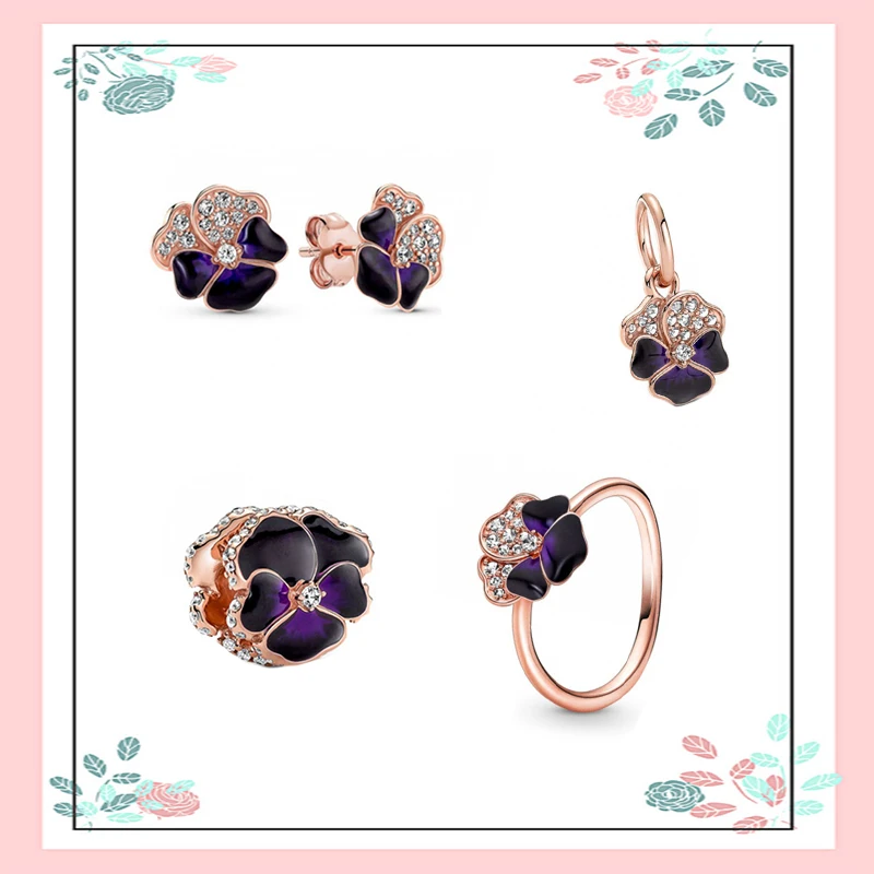 

Spring 2022 100% High Quality S925 Sterling Silver Cubic Zirconia Dark Purple Enamel Pansy Flower Set Women's Fine Jewelry