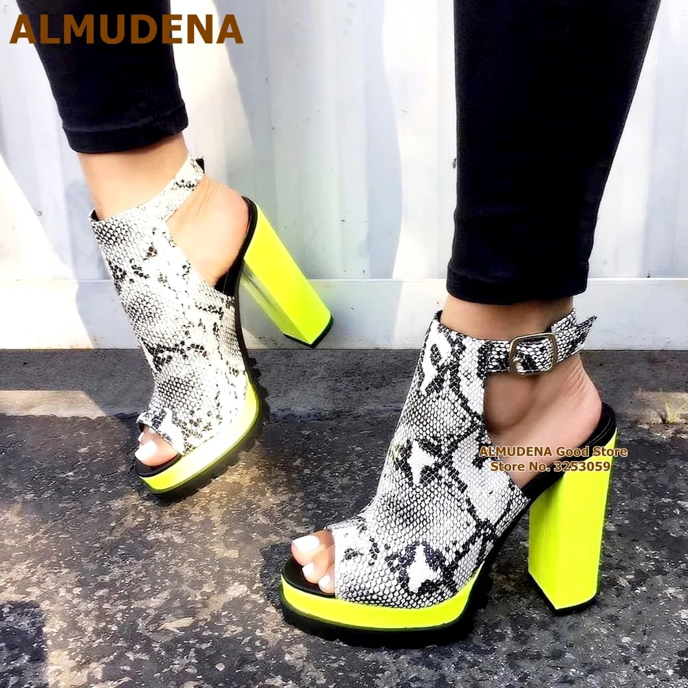 

ALMUDENA Neon Yellow Chunky Heel Pumps Grey Snakeskin Patchwork Open Toe Dress Shoes Nice Platform Buckle Strap Sandals Size46