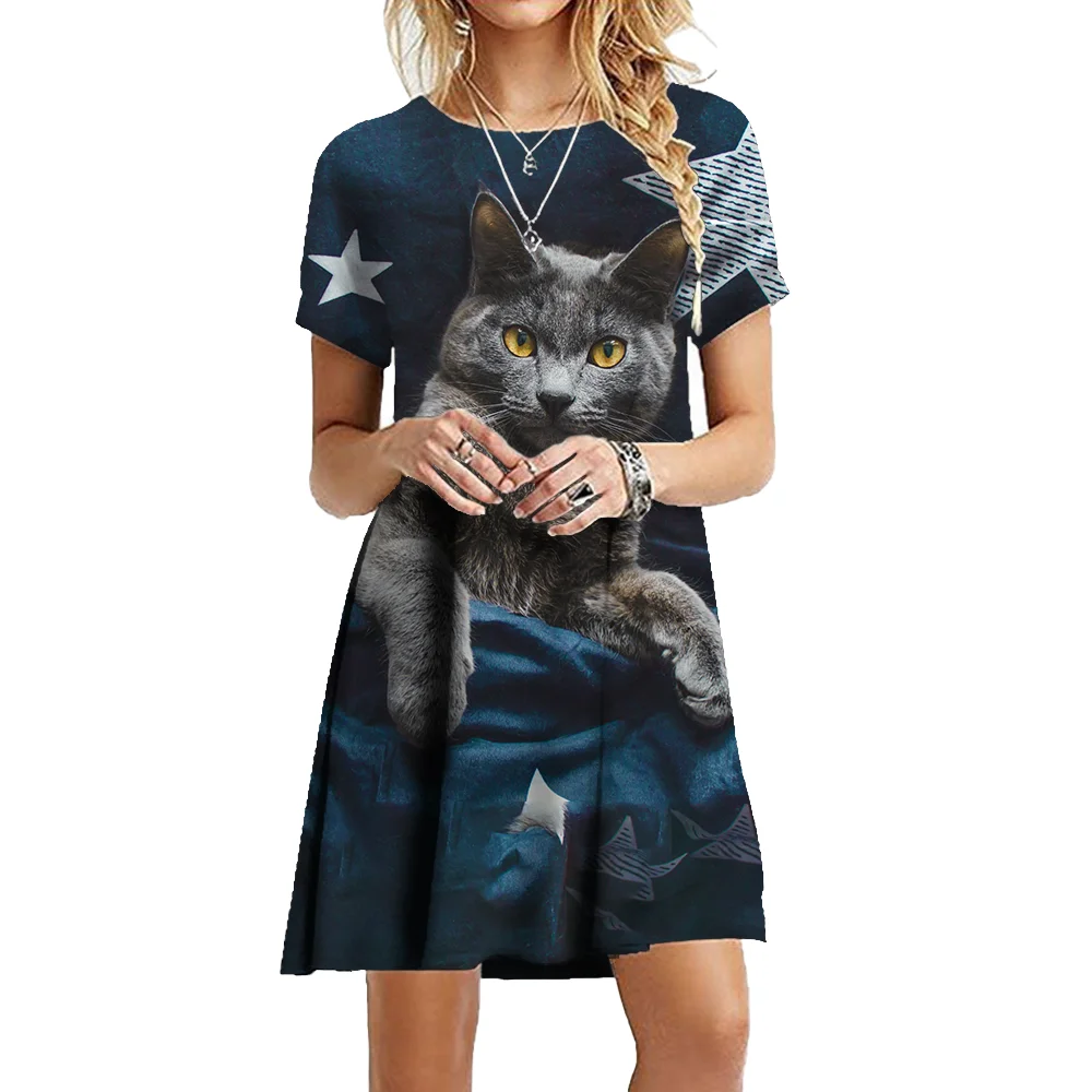 

Cute Kawaii Kitten 3D Digital Printing Short-sleeved Ladies Women's Dress Summer Casual Style Women's Dress