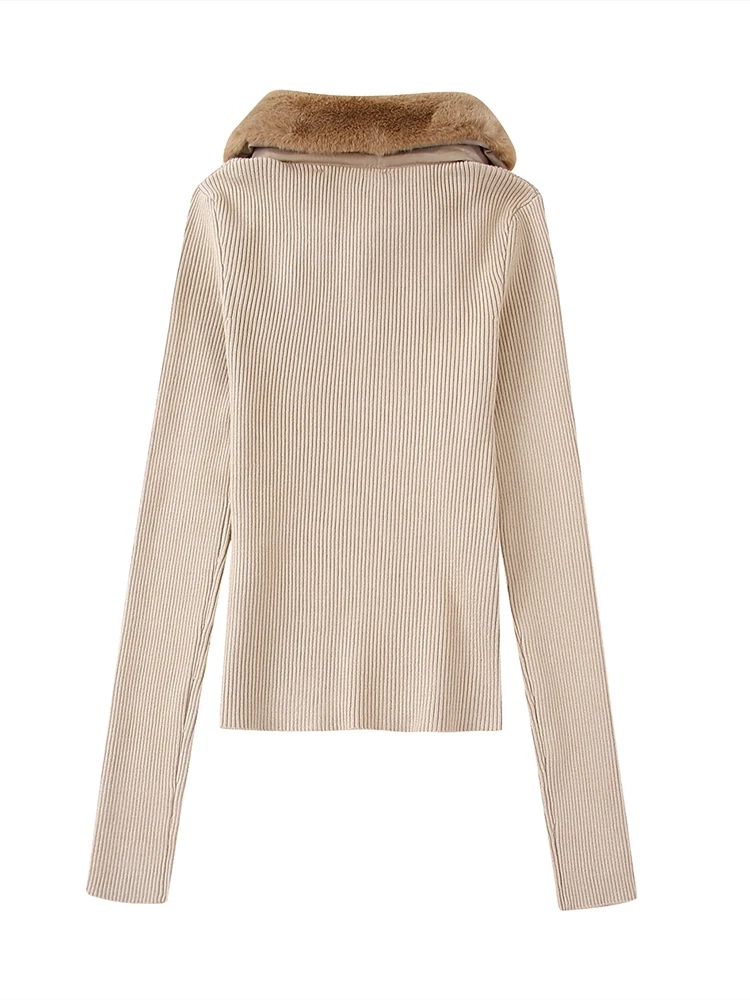 Женский трикотажный пуловер с длинным рукавом и воротником из искусственного