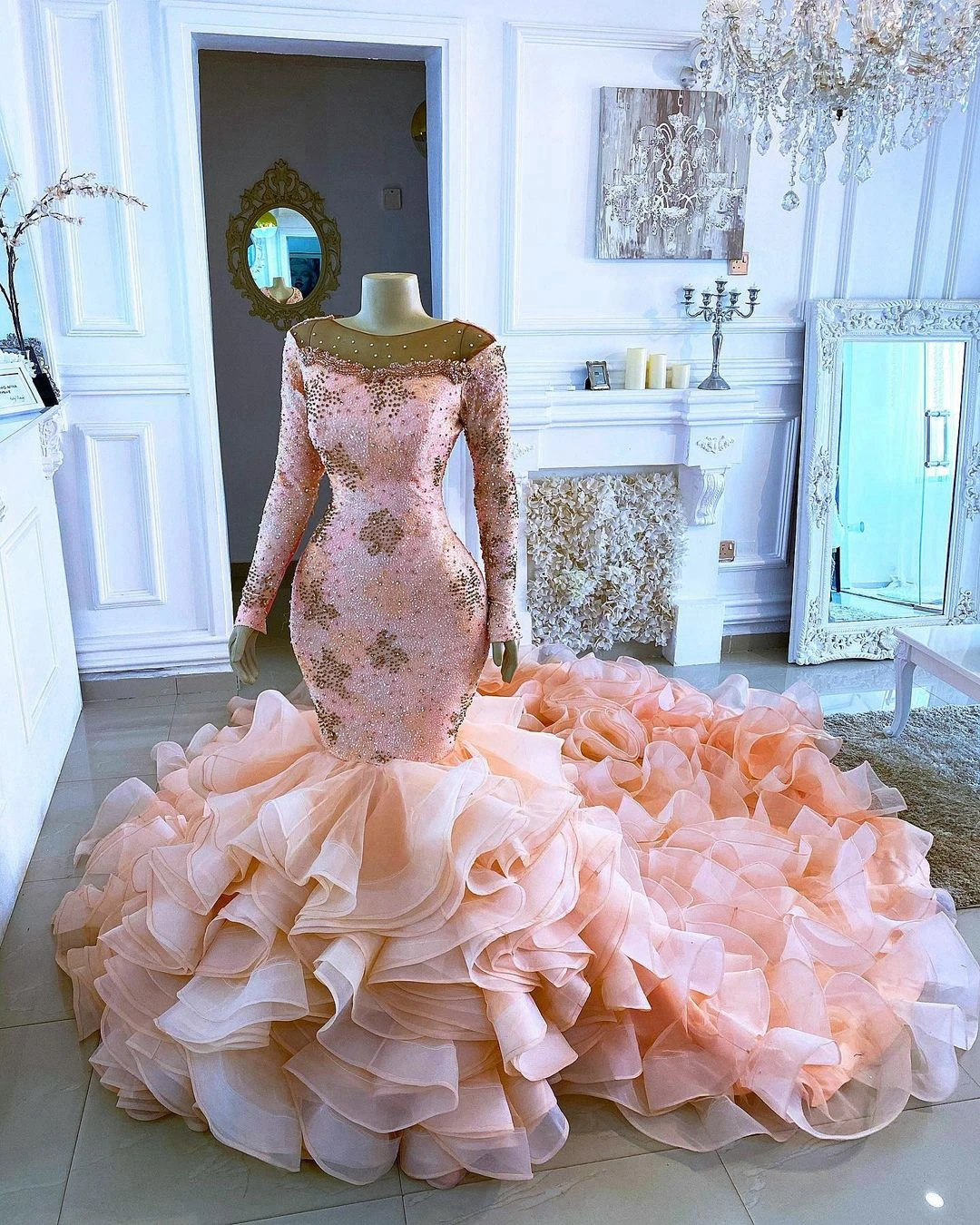 

Fashion Pink Crystal Beaded Glitter Mermaid Wedding Dress Vestidos Long Sleeves Organza Cascading Ruffles Plus Size Bridal Gowns