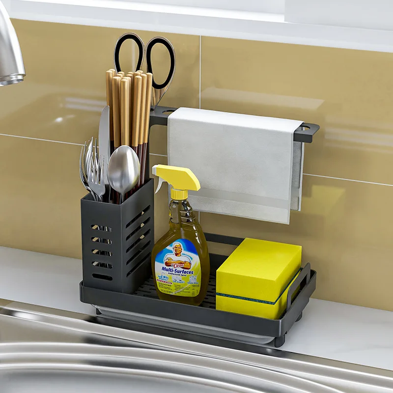 

Kitchen Rack With Holder Punch-free Sponger Organizer Drain Premium Steel Sink Brush Pan Caddy Soap Stainless Kitchen Drying