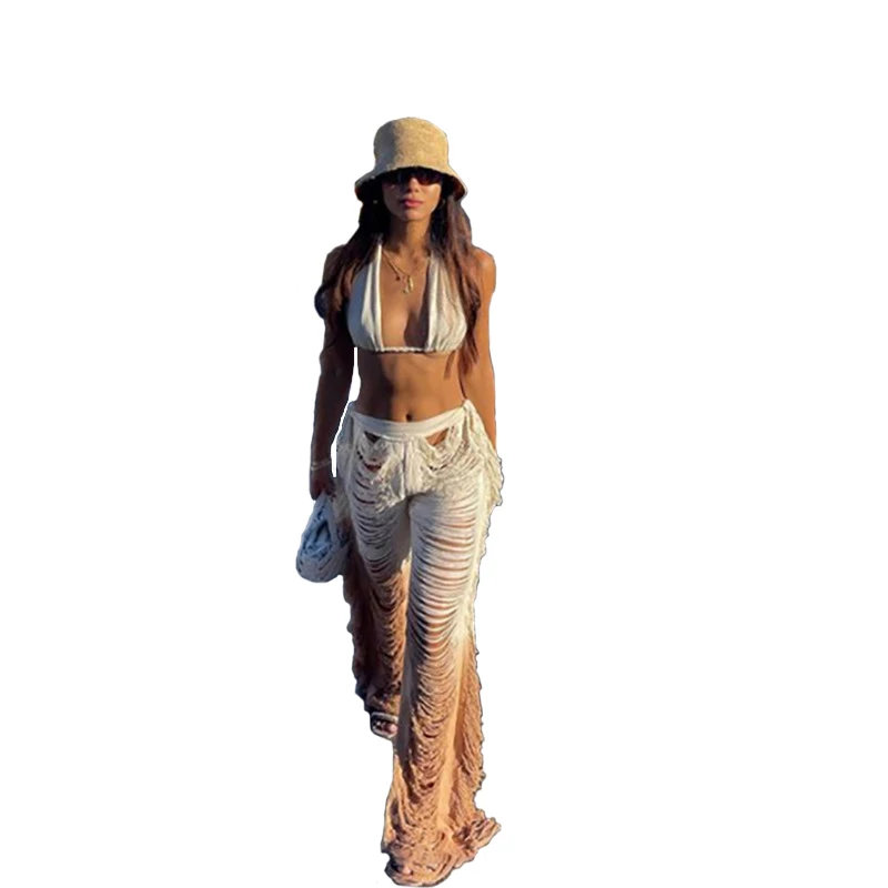 

Women Sexy Knitted Stitching Trousers Fashion Tassel Color Match Hollow Out Ripped High Stree Style Female Straight Pants