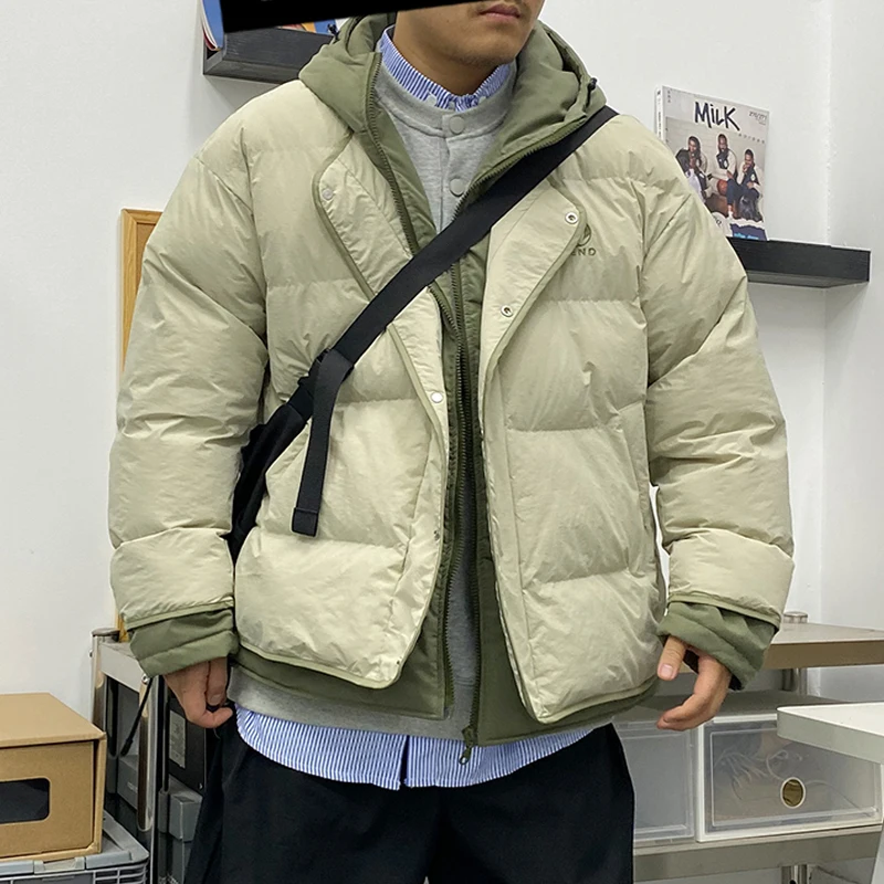 Harajuku Thick Parkas Jacket Men Cotton Solid Color Two-piece Hooded Padded Jackets Japanese Casual Oversize Coat Winter Unisex
