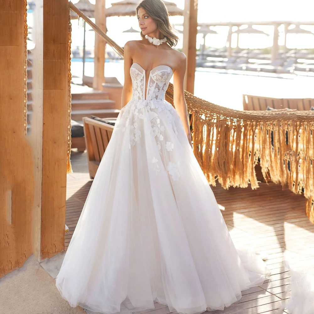 

Strapless Sweetheart Lace Print Sexy Backless Wedding Dress Elegant Bride Gown Robe de mariée Dreamy Свадебное платье