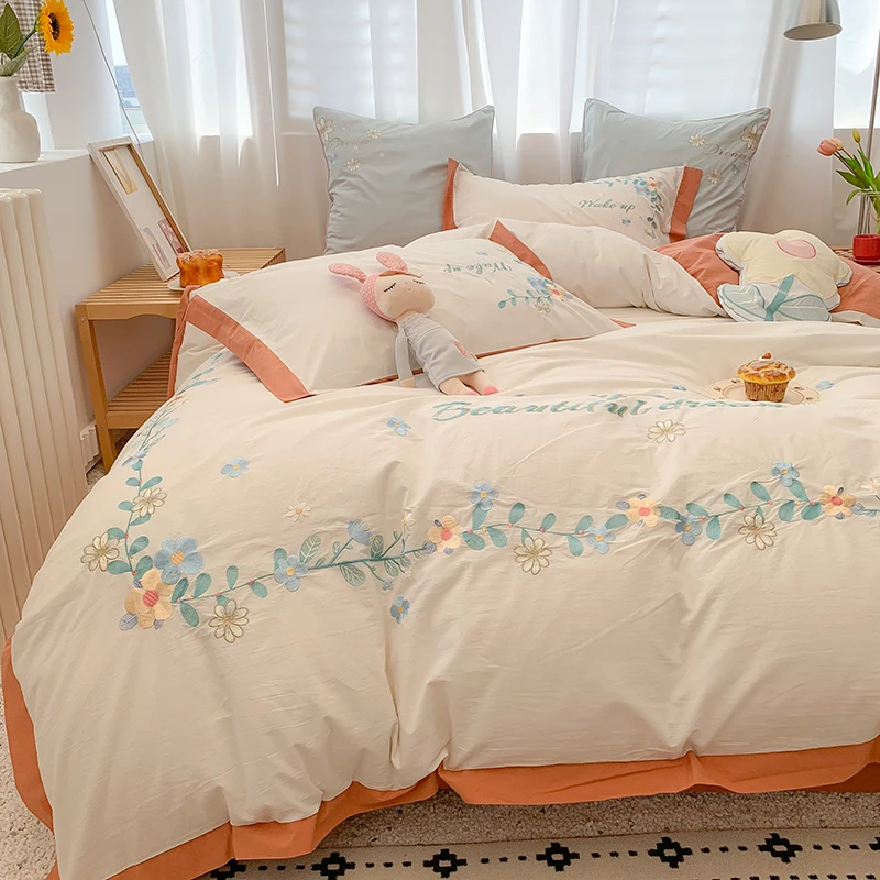 

Fresh Cotton Yarn-Dyed Washed Cotton Four-Piece Set Pastoral Small Flower Embroidered Quilt Soft Breathable Bedding