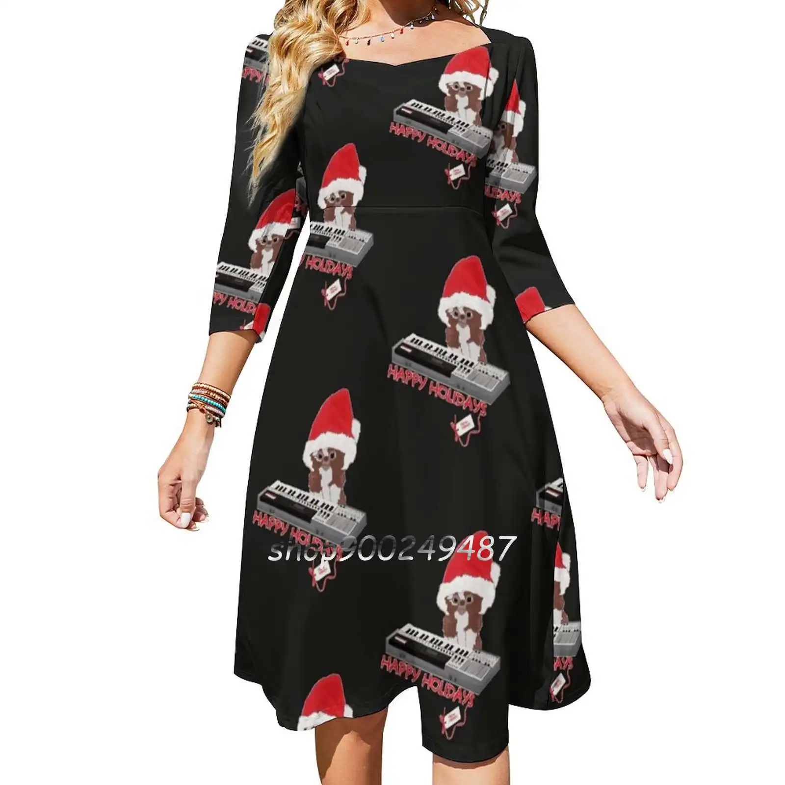 

Gizmo Sweet Elegant Dress Women Korean Kawaii Square Collar Dress Gizmo Gremlins Horror Christmas Film Joe Dante