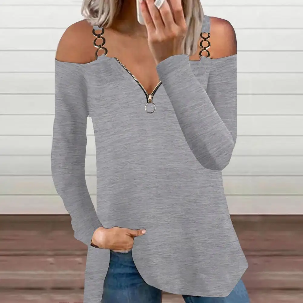 

Breathable Skin-Touching Stretchy Pure Color Off Shoulder Metal Straps Pullover Tee Shirt Top Pullover Top Streetwear