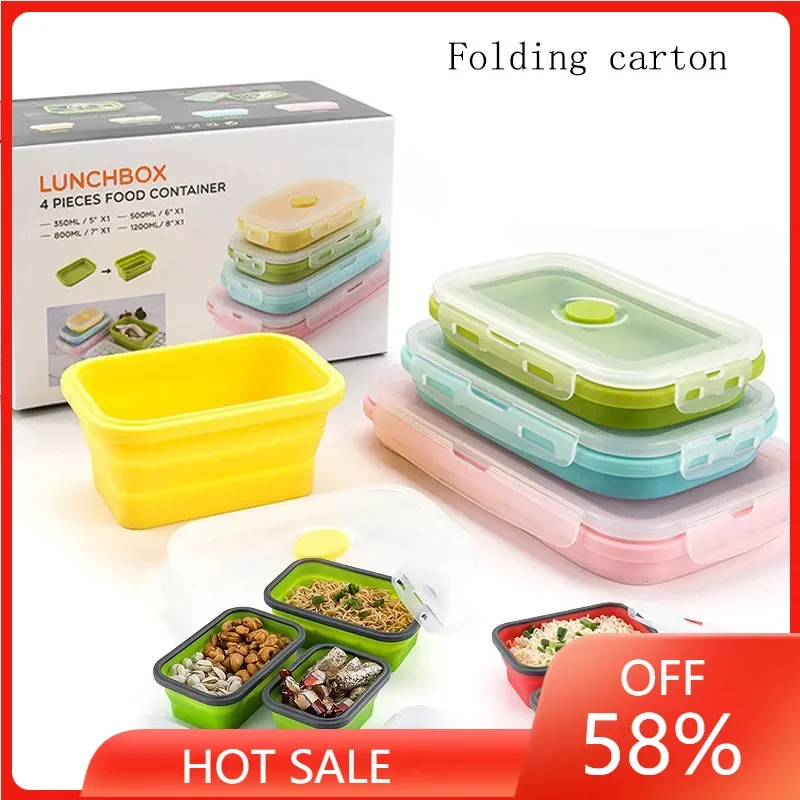 

Silicone Collapsible Lunch Box Food Storage Container Colorful Microwavable Portable Picnic Camping Rectangle Outdoor Box