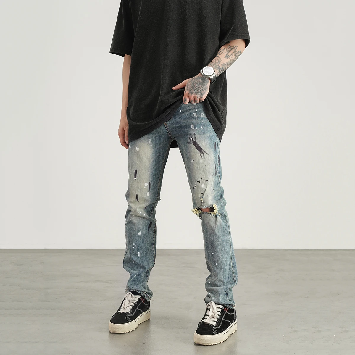 Four Seasons Men's Jeans Splattered Slim Jeans Hip Hop Straight Wide Leg Pants Ins Hot Selling Men's Designer Men's Jeans Casual