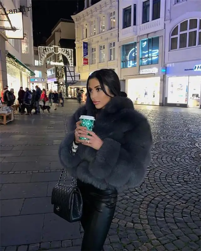 Women Fluffy Fur Collar Winter High Quality Luxury Faux Fox Fur Jacket Thick Warm Short Fur Coat Zipper Oversize Outwear Party