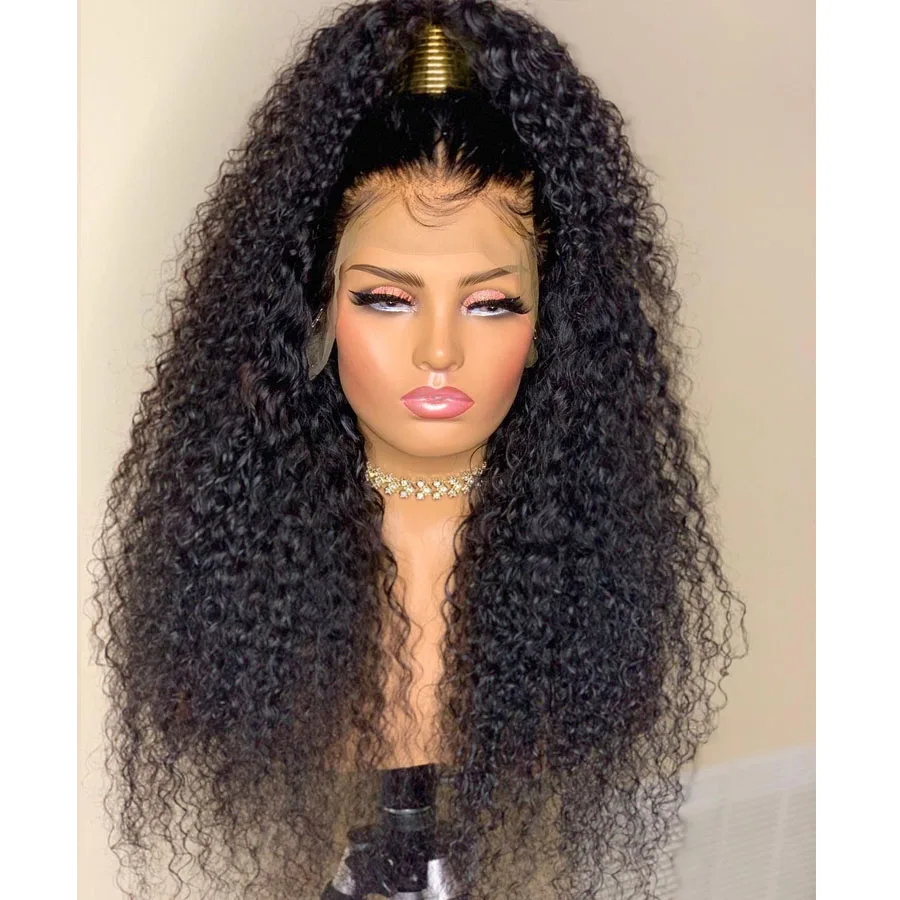 

Preplucked Soft Glueless 180% Density Kinky Curly 26 Inch Long Black Lace Front Wig For Women Babyhair Natural Hairline Daily