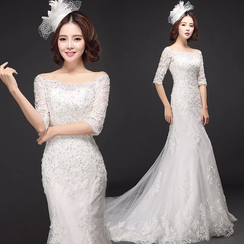 

2022 Summer New Korean Bride Medium Long Sleeve Slim Fit Wedding Dress Trail Off Shoulder Fishtail Wedding Dress