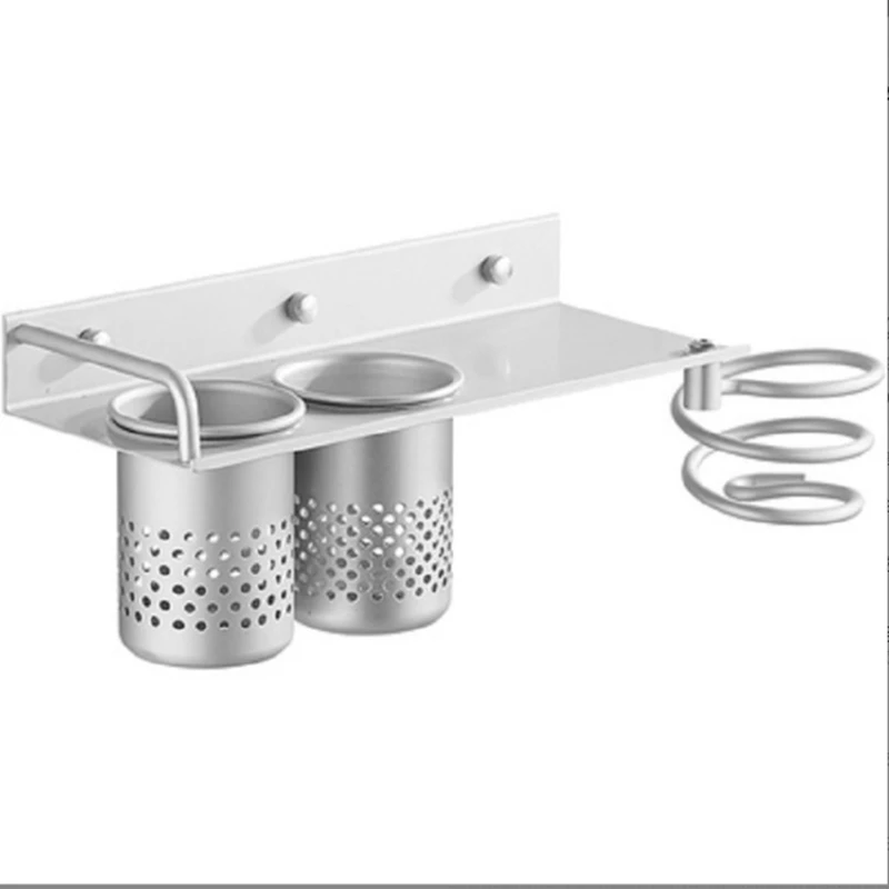 

Hot YO-Wall-Mounted Hair Dryer Rack Storage Rack, Aluminum Hair Dryer Holder, With 2 Cups Multifunctional Storage Rack