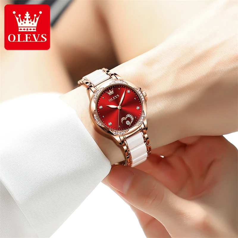 OLEVS Top Brand Luxury Ceramic Mechanical Watches Womens Fashion Diamond Luminous Waterproof Simple Automatic Watch For Women enlarge