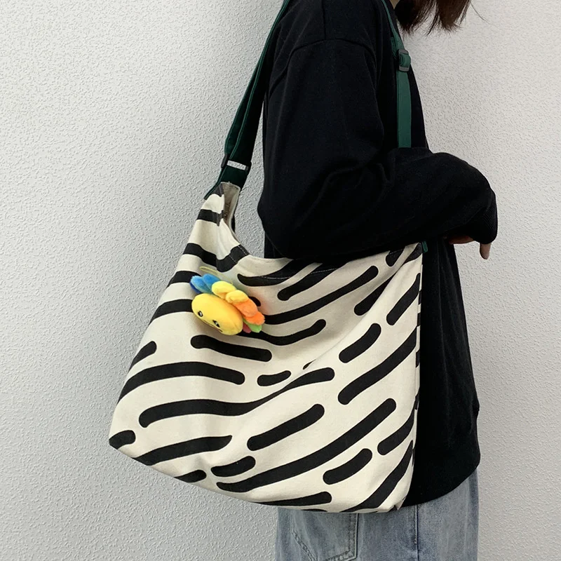 

Women Canvas Shoulder Bag Zebra Stripes Print Ladies Casual Handbag Tote bag Large Capacity Cotton Reusable Shopping Beach Bag