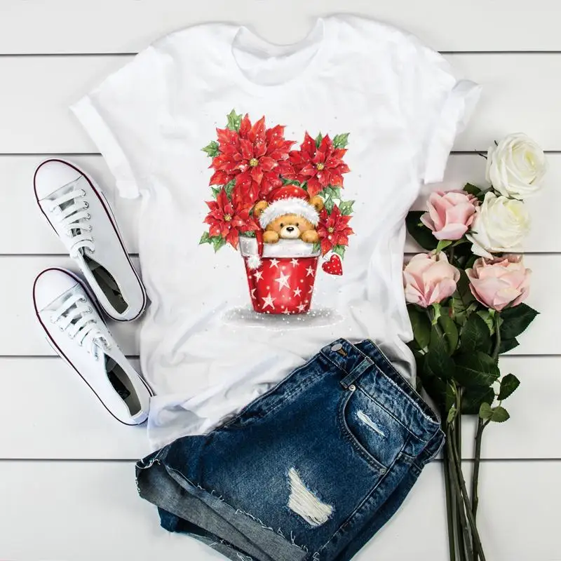 

Women New Year Clothing Cartoon Holiday Merry Christmas Ladies Graphic Flower Animal Cute Print Tee Top Tshirt Nice T-shirt
