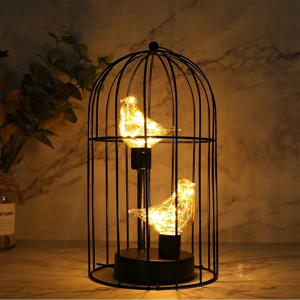 Birdcage Decorative Table Lamp Battery Operated Cordless Accent Light with Warm White Fairy Lights Bird Bulb