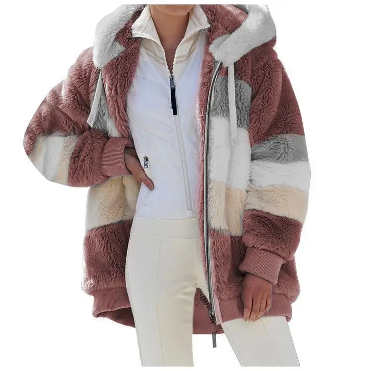 2022 New Ladies Warm Autumn Winter Loose Plush Multicolor Colorblock Hooded Pocket Jacket