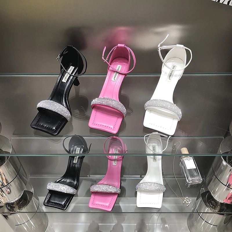 

Rhinestone Chain Women Sandals Open Toe Crystal Shoes Thin High Heels Ankle Strap Black Pink White Summer Dress Shoes Sandals