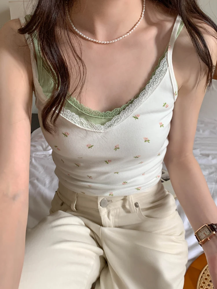 

Cute Floral Crop Top Women Summer Cotton Camis Lace Trim Prairie Chic Tops for Sweet Girl Kawaii Clothes