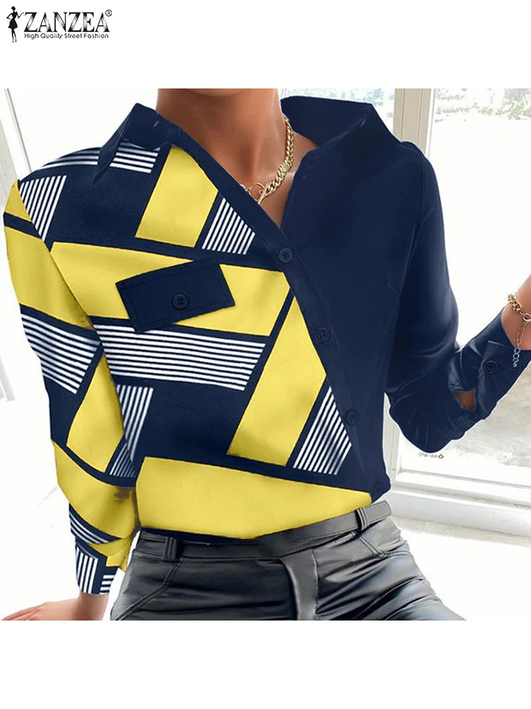 

ZANZEA Elegant Lapel Neck Long Sleeve Tops Women Patchwork Blouse Spring Fashion Geometric Print Shirt Casual Blusas Oversize