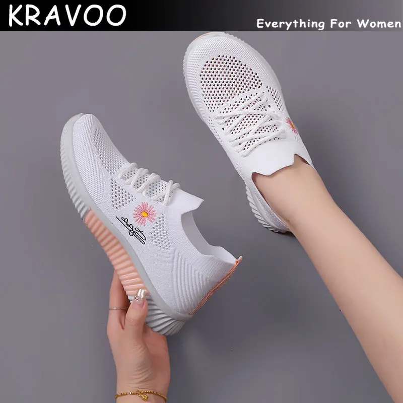 

KRAVOO Shoes for Women Mesh Casual Platform Sneakers White Breathable Female Sport Sneaker Embroider Sports Shoes 2023 Summer