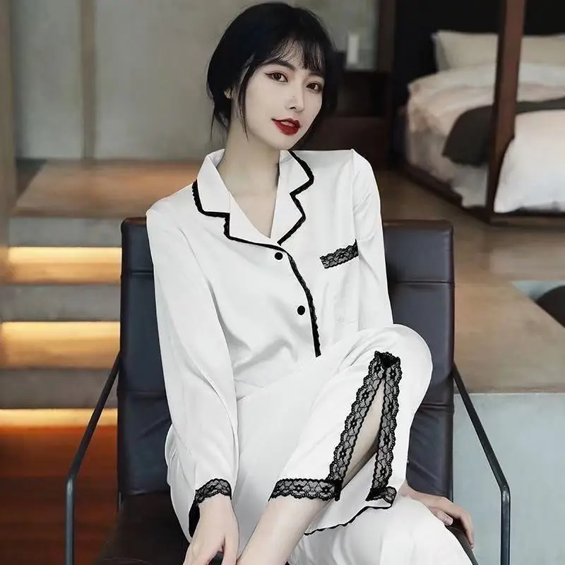 1 2023 pajamas women's spring and autumn long-sleeved thin ice silk new loose household clothing lace silk suit