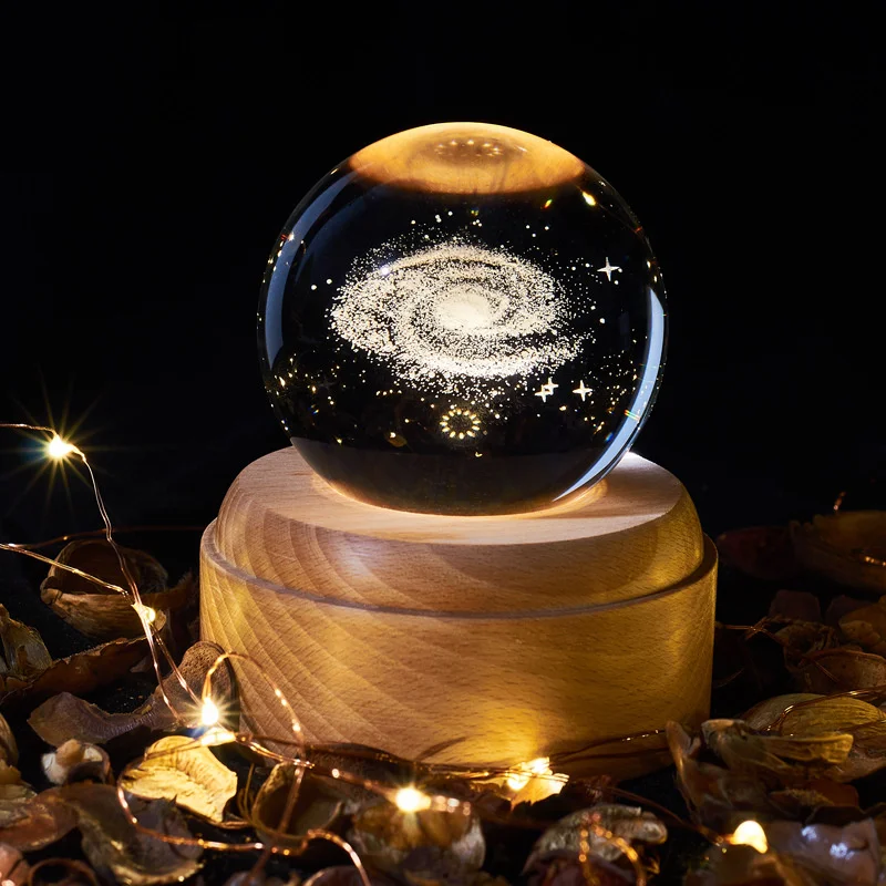 

3D Creative Crystal Ball Moon Starry Sky Galaxy Rotating Music Box Wooden Base Small Ornament Gift