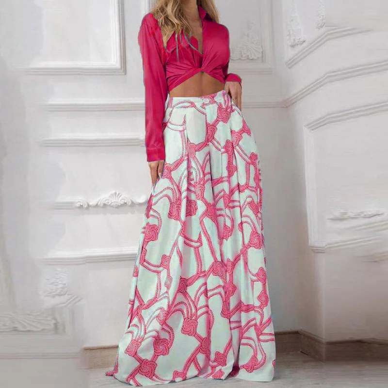 

2022 Autumn Casual Women Outfits Long Sleeve Two Pcs Set Fashion Solid Bow Belt Sexy Tops Cardigan + Elastic Wide Leg Pant Suit