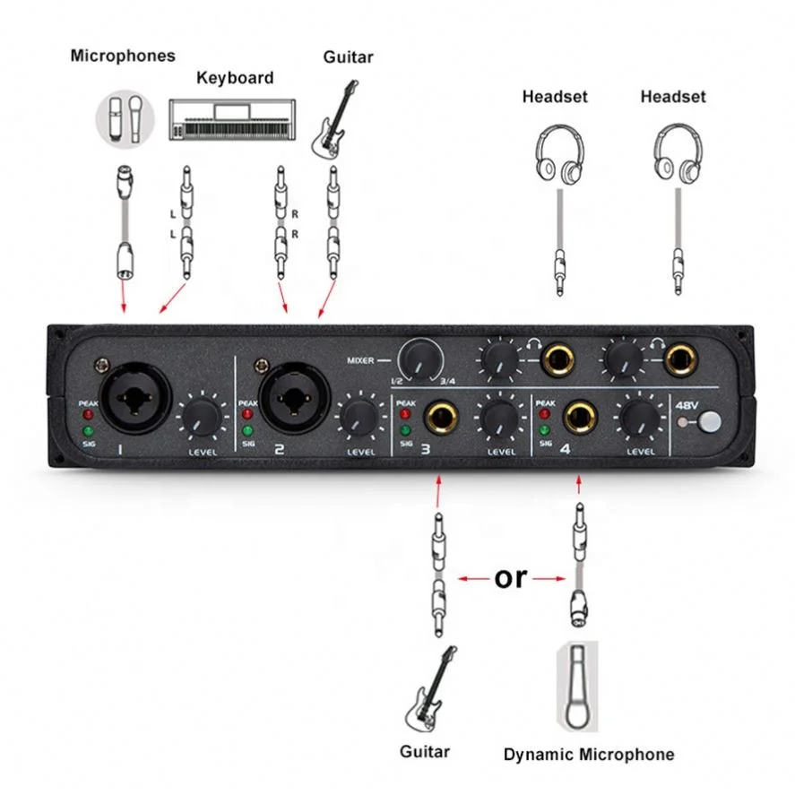 

New Arrival Sound Card 4 Channels With 48V Phantom Power Supply For Studio Recording