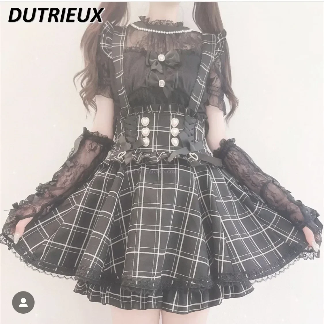 

Sweet Lolita Peach Heart Drill Buckle Pleated Skirt Women's Mine Lace Suspender Skirt Femme Autumn New Plaid Skirts for Students