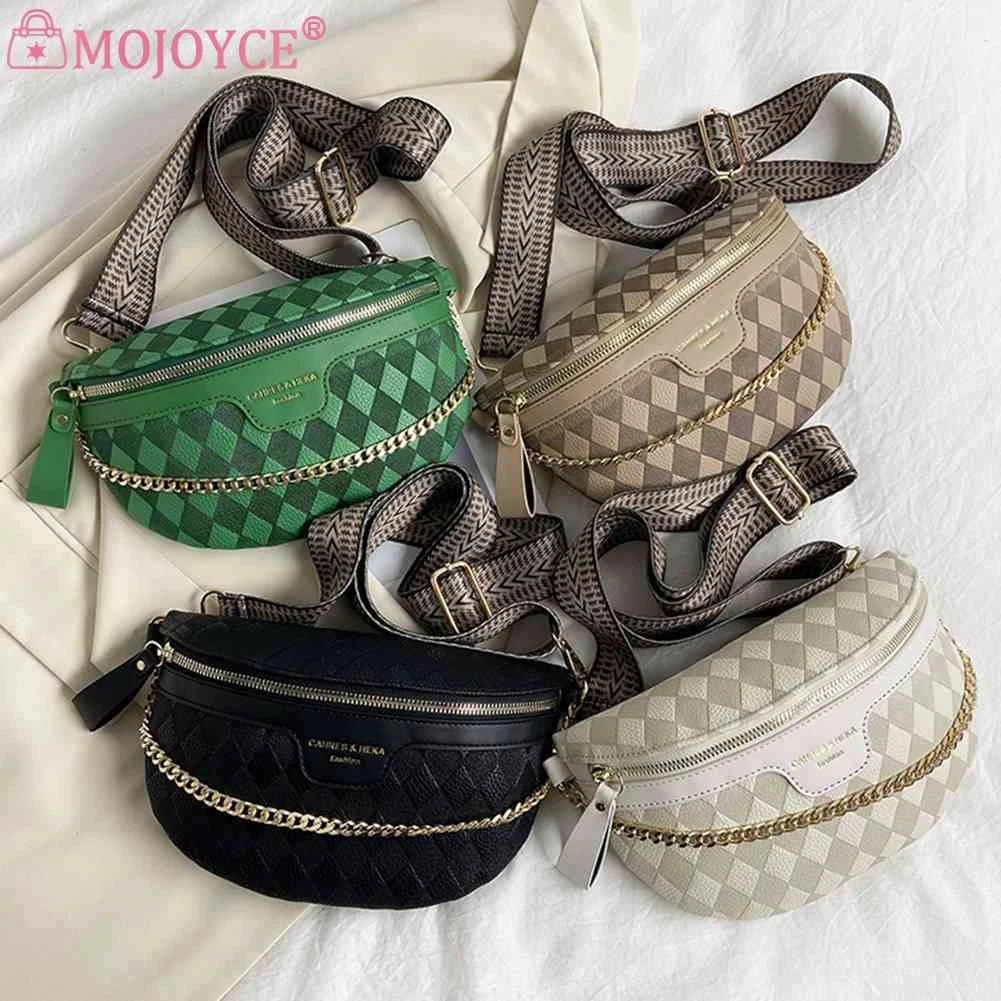 

Rhombic Lattice Female Sling Waist Pack Fashion Chain Sports Satchel Casual PU Leather Portable Wide Strap for Weekend Vacation