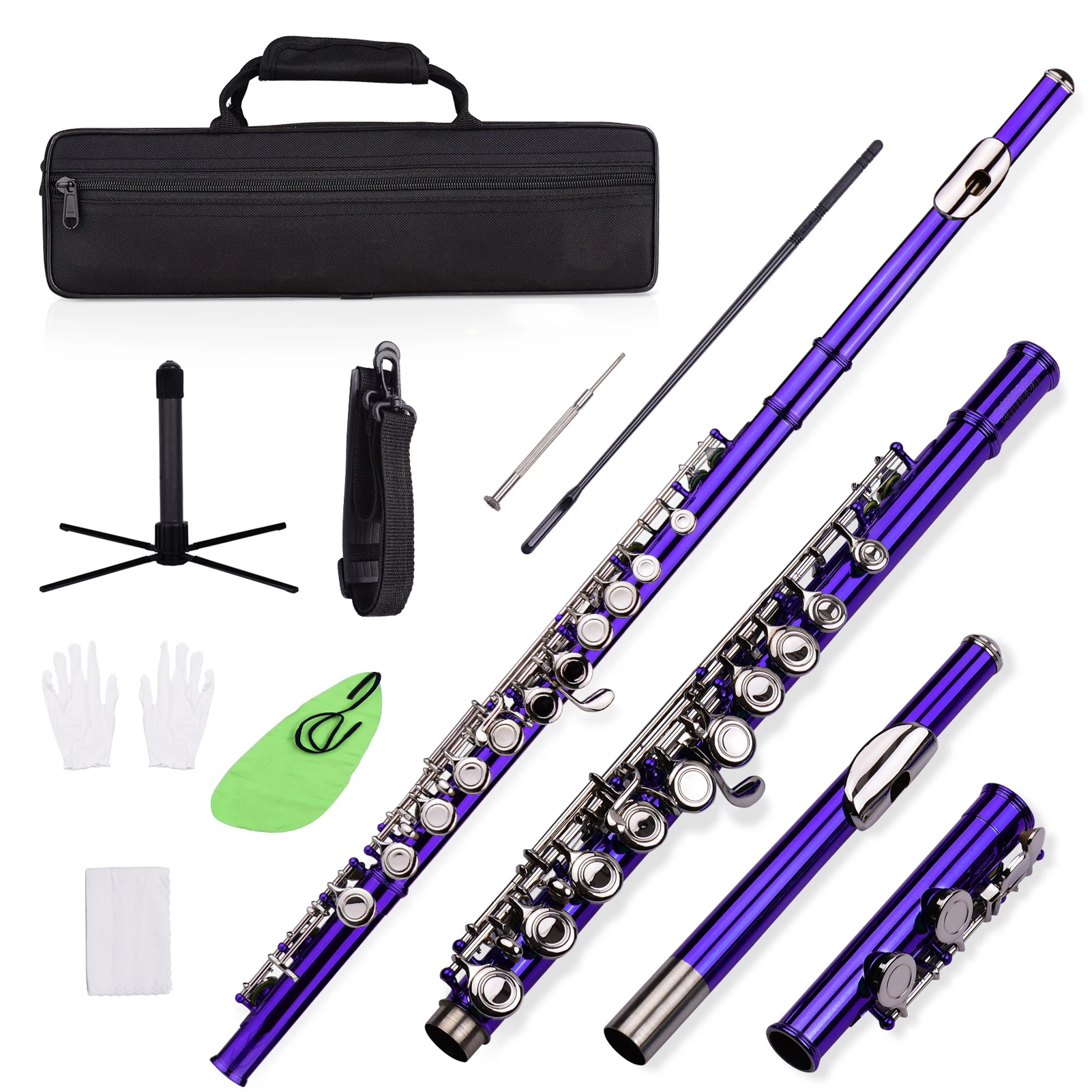 

Closed Hole C Flute 16 Keys Nickel-Plated Brass Wind Instrument Carrying Case