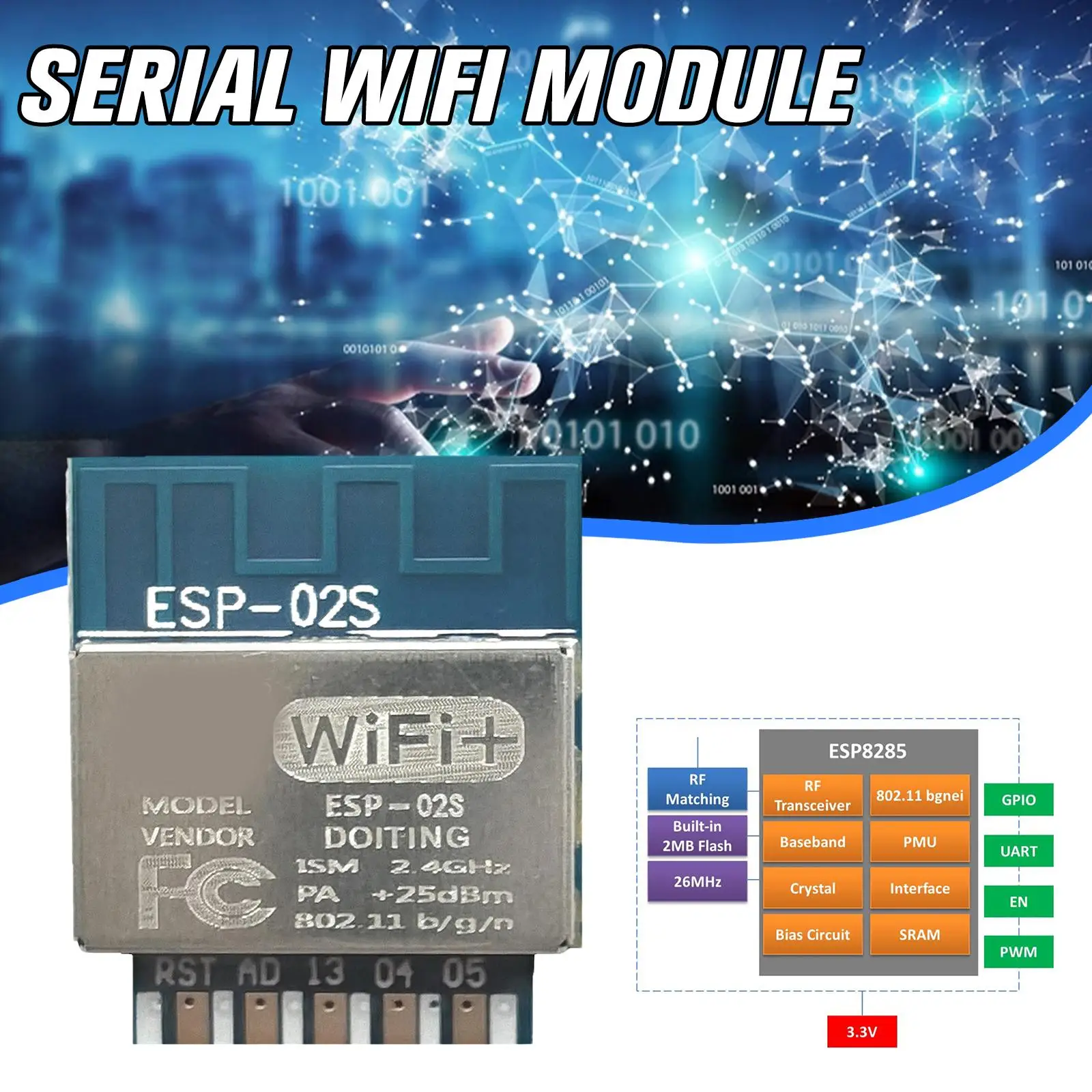 Wi-Fi-модуль Φ Tywe2s Serial Golden Finger Esp-02s Wireless с передачей Esp8285 Esp8266 совместимый прозрачный