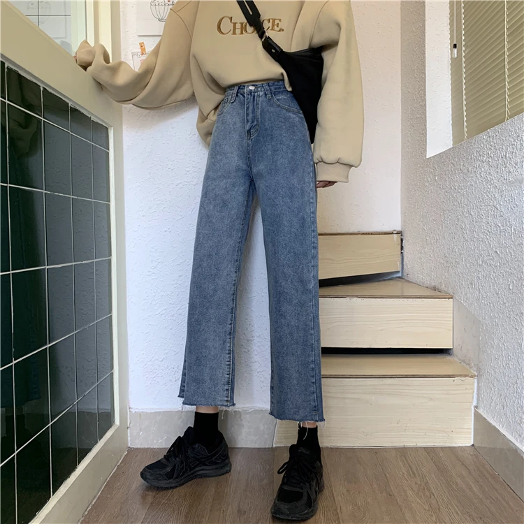 N1471    New high-waisted slim hundred towers loose wide-leg pants fashion nine-point pants jeans