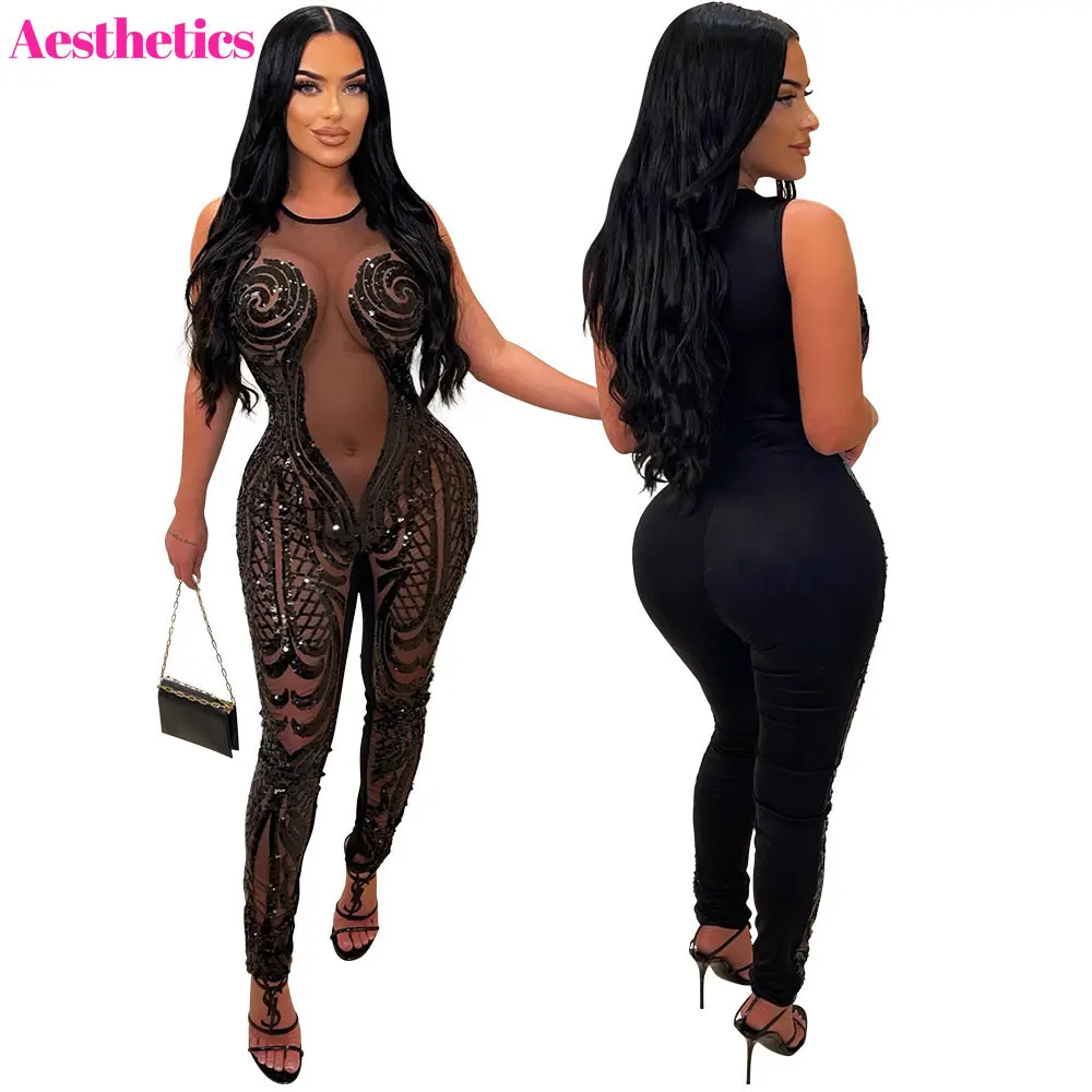 

Diamond Mesh Bodysuit Black Round Neck Sleeveless Women Summer Bodycon Jumpsuits Sexy See Through Night Club Party Overalls